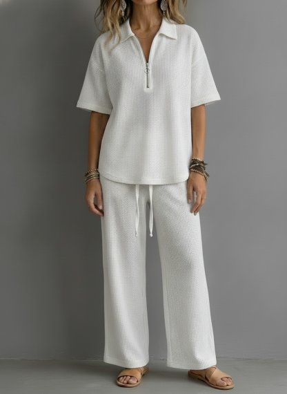 CLEARANCE SALE🔥 Women’s Casual Waffle Zipper Shirt and Wide-leg Pants Set