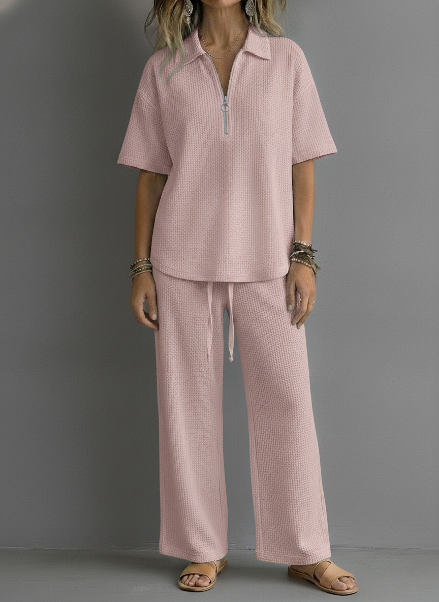 CLEARANCE SALE🔥 Women’s Casual Waffle Zipper Shirt and Wide-leg Pants Set