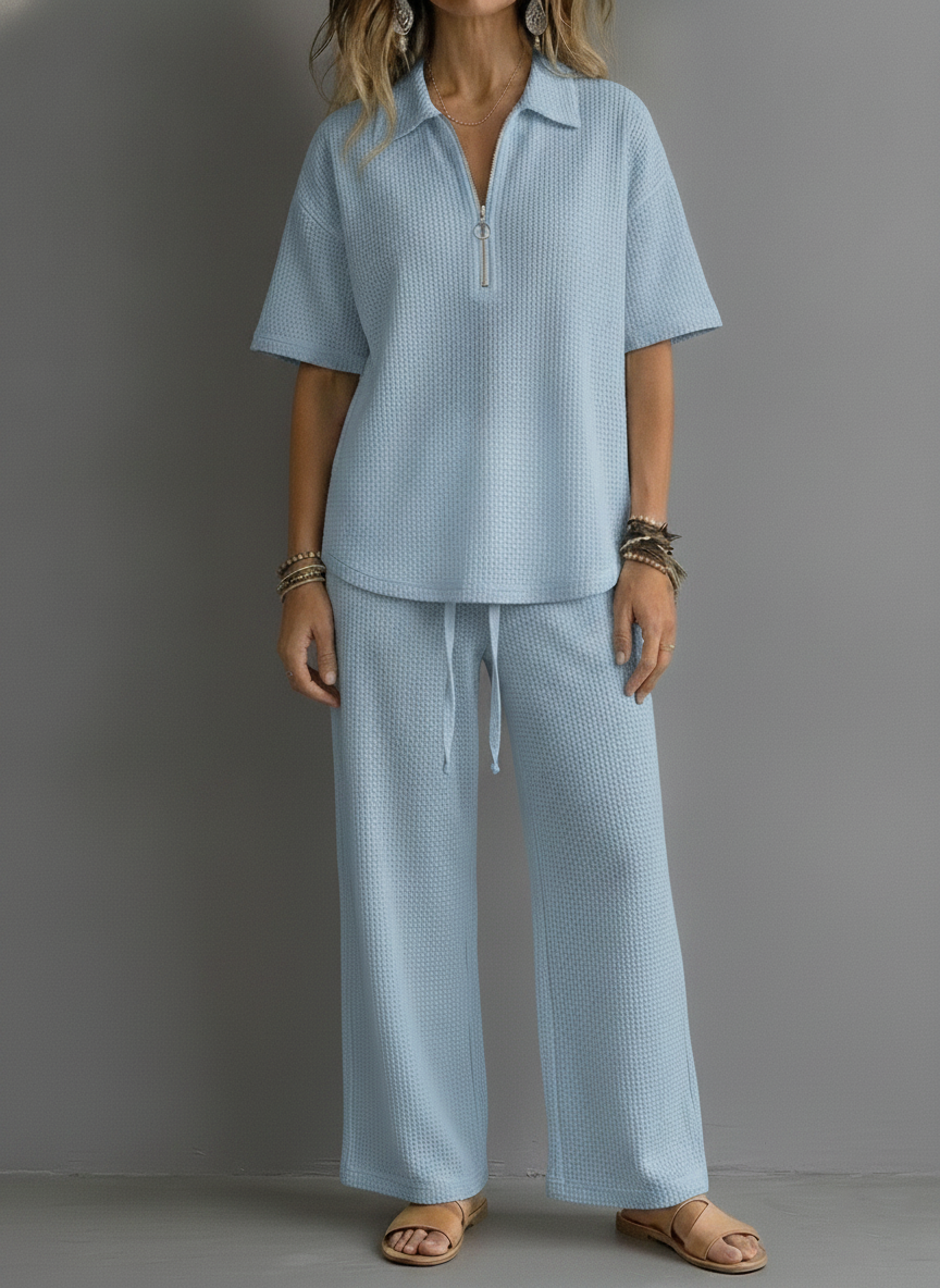 CLEARANCE SALE🔥 Women’s Casual Waffle Zipper Shirt and Wide-leg Pants Set