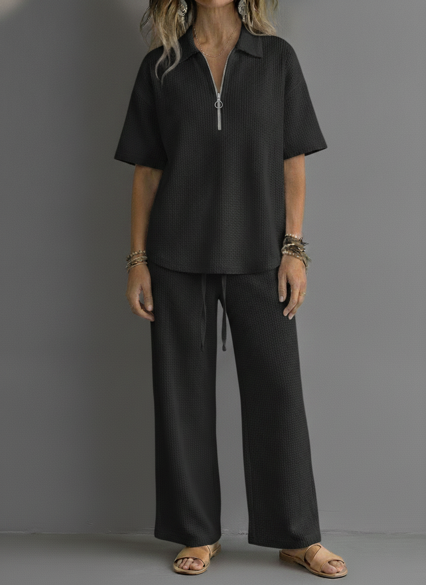 CLEARANCE SALE🔥 Women’s Casual Waffle Zipper Shirt and Wide-leg Pants Set
