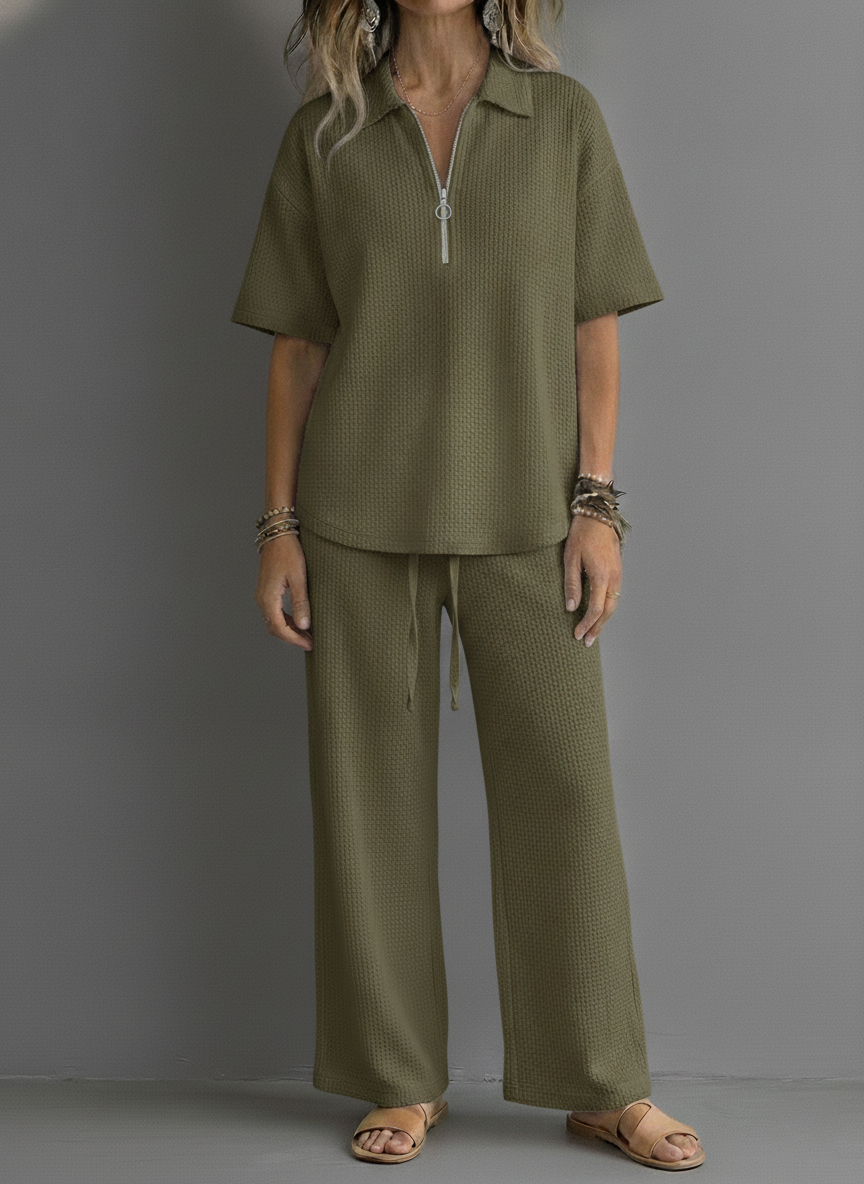 CLEARANCE SALE🔥 Women’s Casual Waffle Zipper Shirt and Wide-leg Pants Set