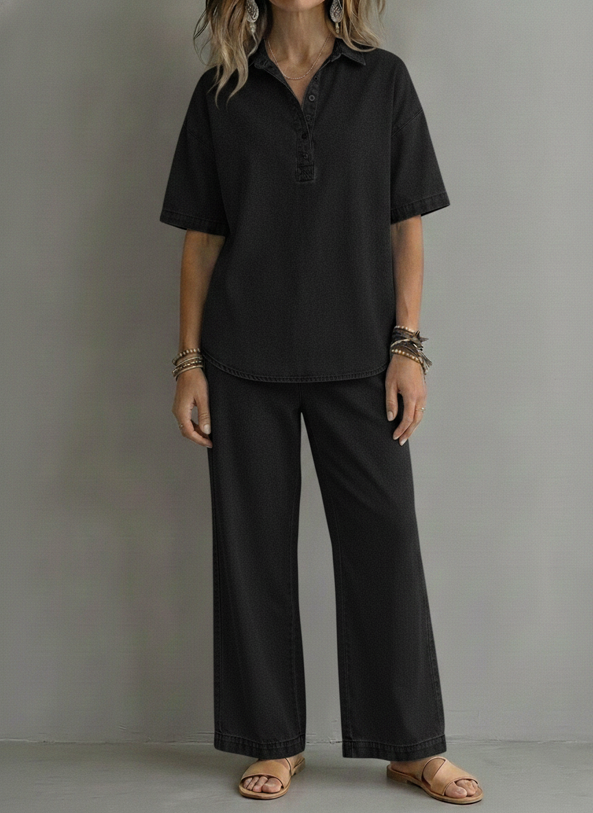 CLEARANCE SALE🔥 Women’s Casual Denim-Style Button Shirt and Wide-leg Pants Set
