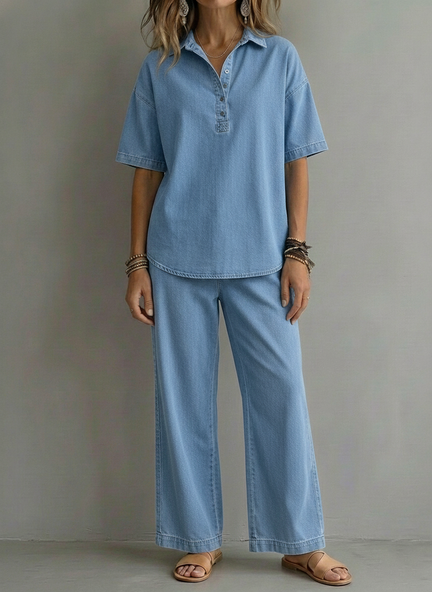 CLEARANCE SALE🔥 Women’s Casual Denim-Style Button Shirt and Wide-leg Pants Set