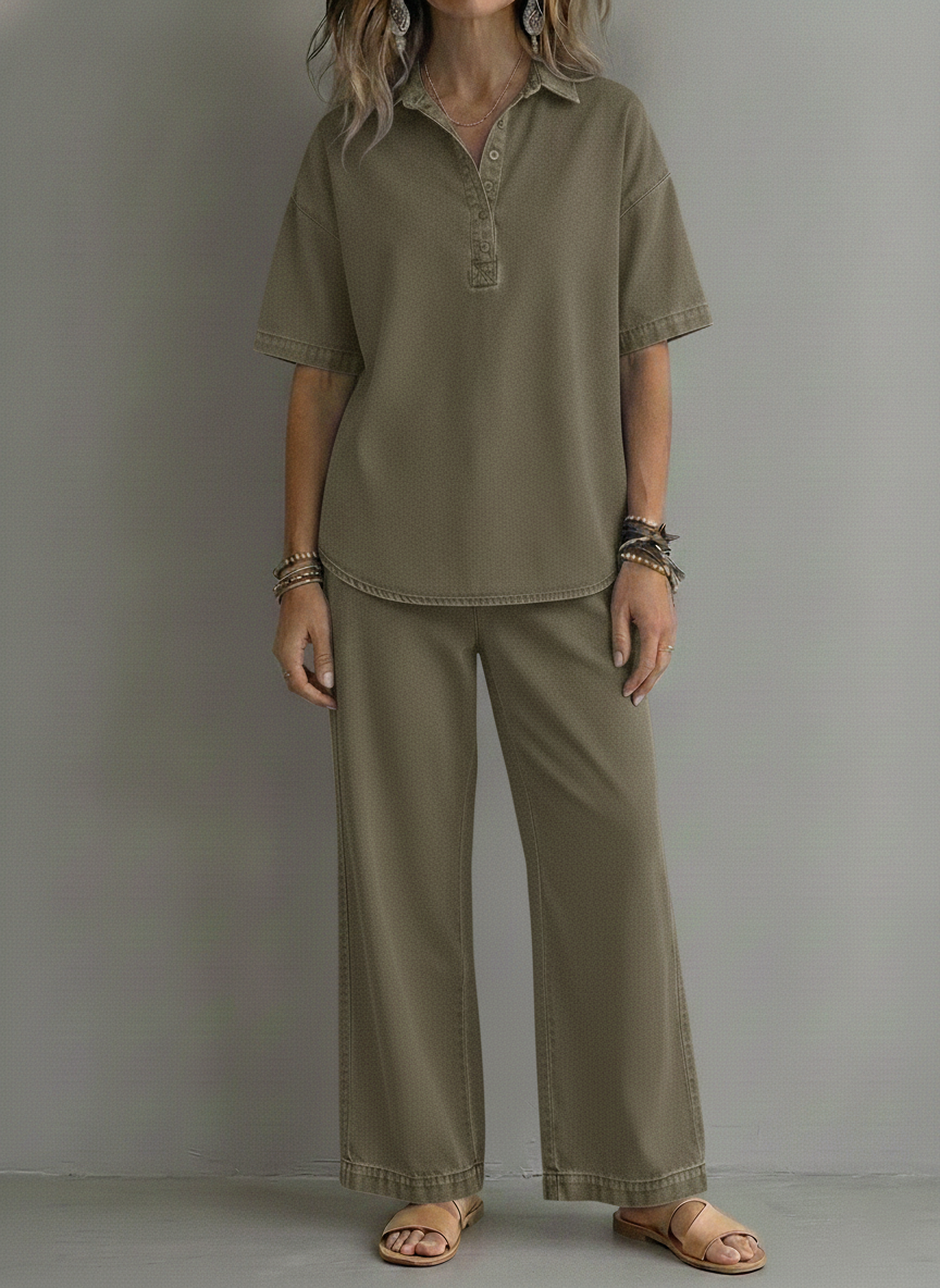 CLEARANCE SALE🔥 Women’s Casual Denim-Style Button Shirt and Wide-leg Pants Set