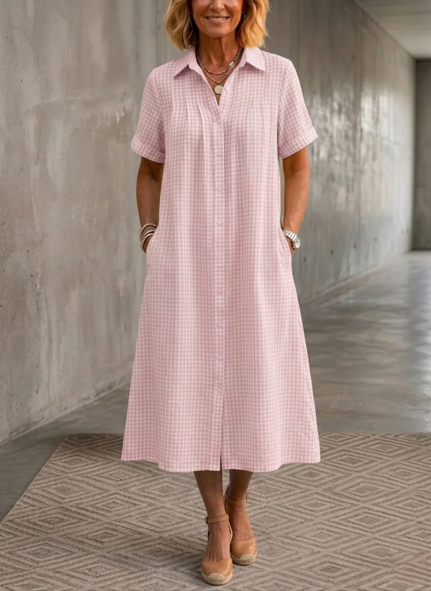 HOT SALE🔥 Women's Lapel Checkered Cotton Linen Shirt Dress