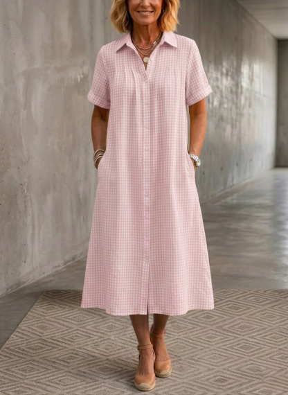 HOT SALE🔥 Women's Lapel Checkered Cotton Linen Shirt Dress