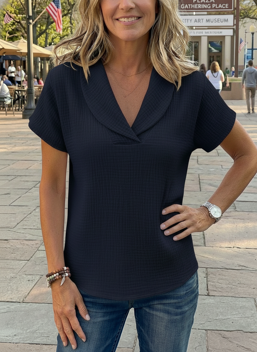 HOT🔥 Women's Peter Pan Collar V-neck Short-sleeve Cotton-linen Top