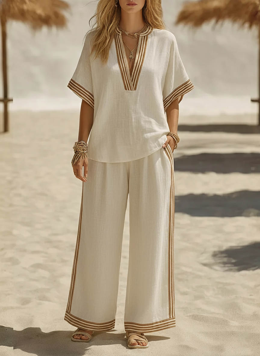 🌸Today 49% OFF🌸 Women’s Casual Cotton Linen V-neck Shirt and Wide-leg Pants Set