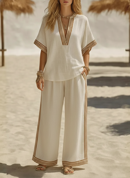 🌸Today 49% OFF🌸 Women’s Casual Cotton Linen V-neck Shirt and Wide-leg Pants Set