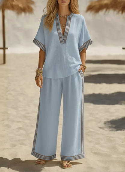 🌸Today 49% OFF🌸 Women’s Casual Cotton Linen V-neck Shirt and Wide-leg Pants Set