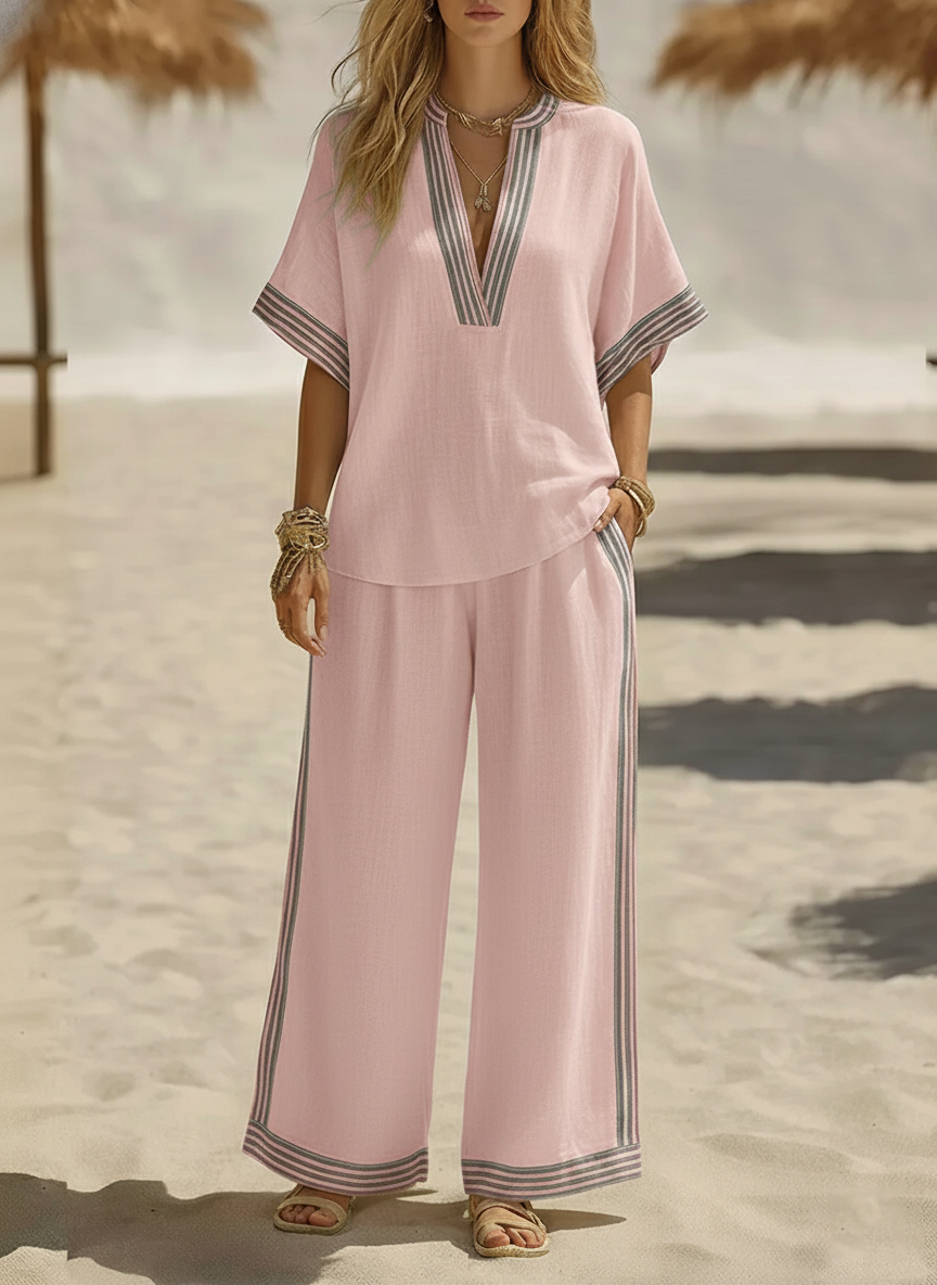 🌸Today 49% OFF🌸 Women’s Casual Cotton Linen V-neck Shirt and Wide-leg Pants Set