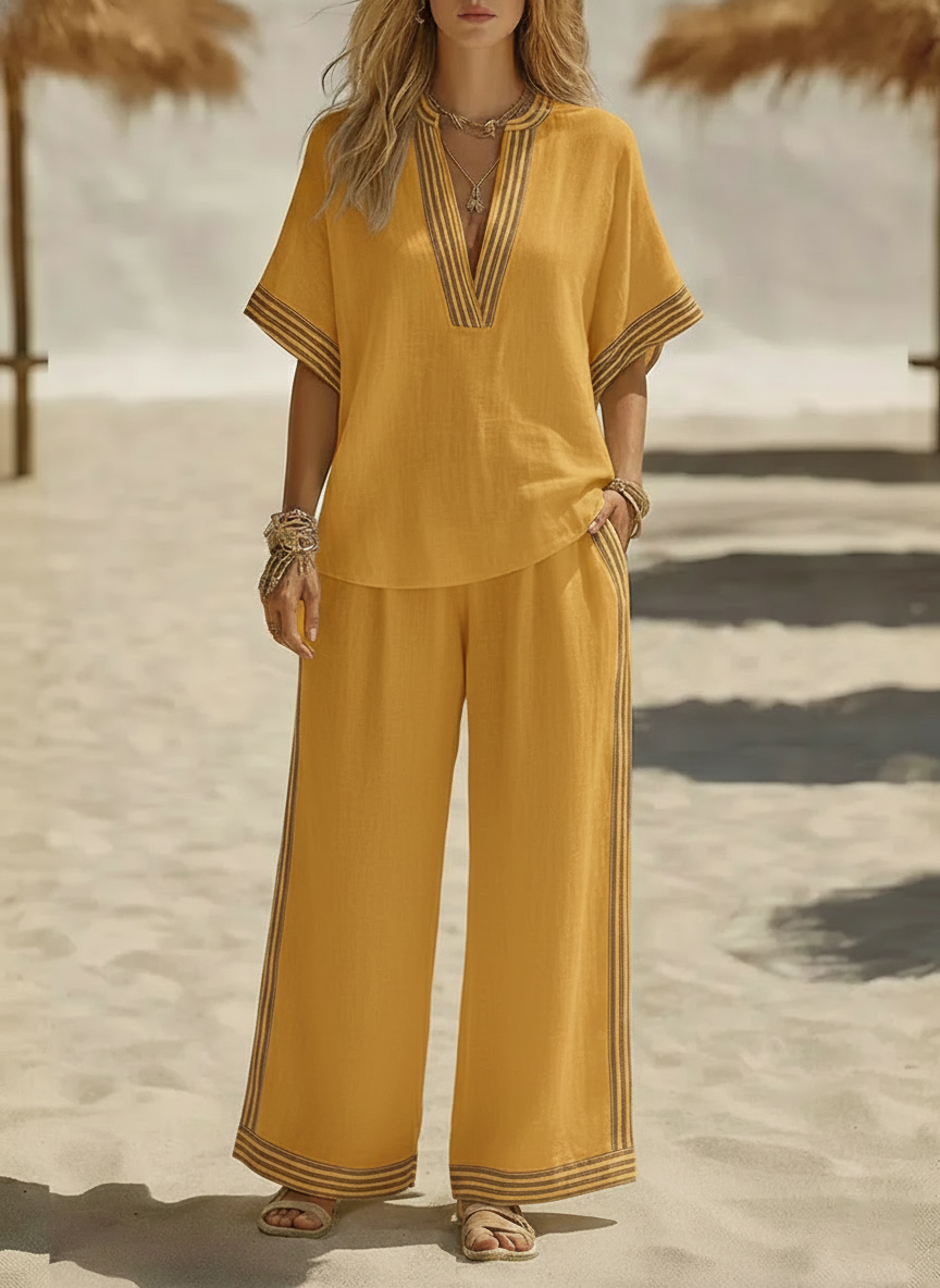 🌸Today 49% OFF🌸 Women’s Casual Cotton Linen V-neck Shirt and Wide-leg Pants Set