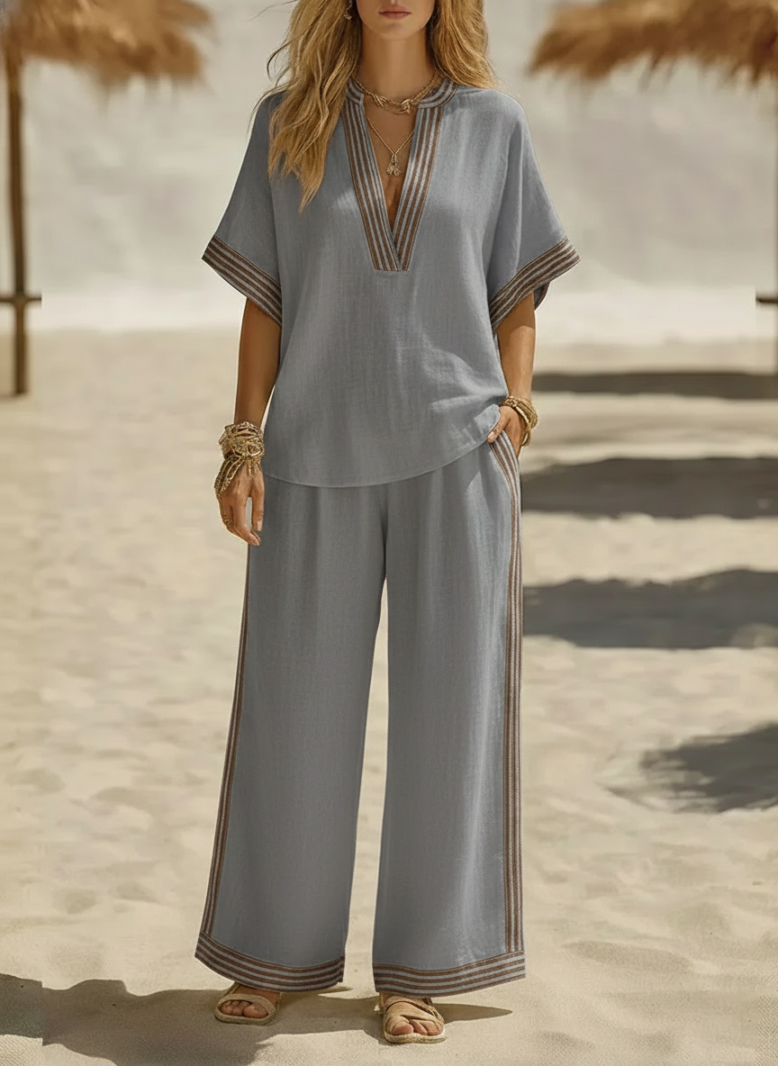🌸Today 49% OFF🌸 Women’s Casual Cotton Linen V-neck Shirt and Wide-leg Pants Set