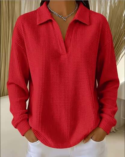 Women's Casual Loose Lapel V-Neck Waffle-Knit Top with Collar