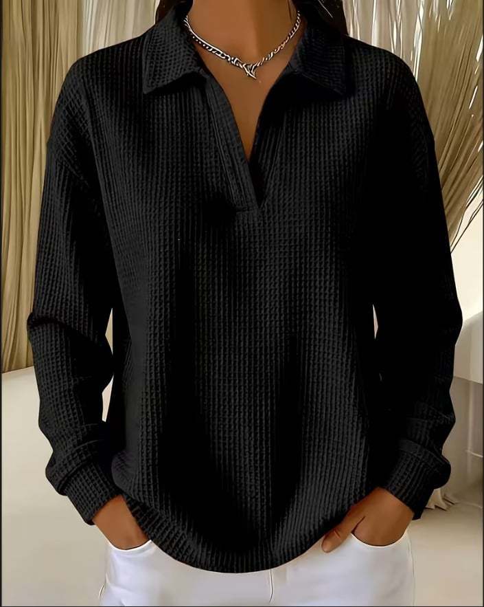 Women's Casual Loose Lapel V-Neck Waffle-Knit Top with Collar