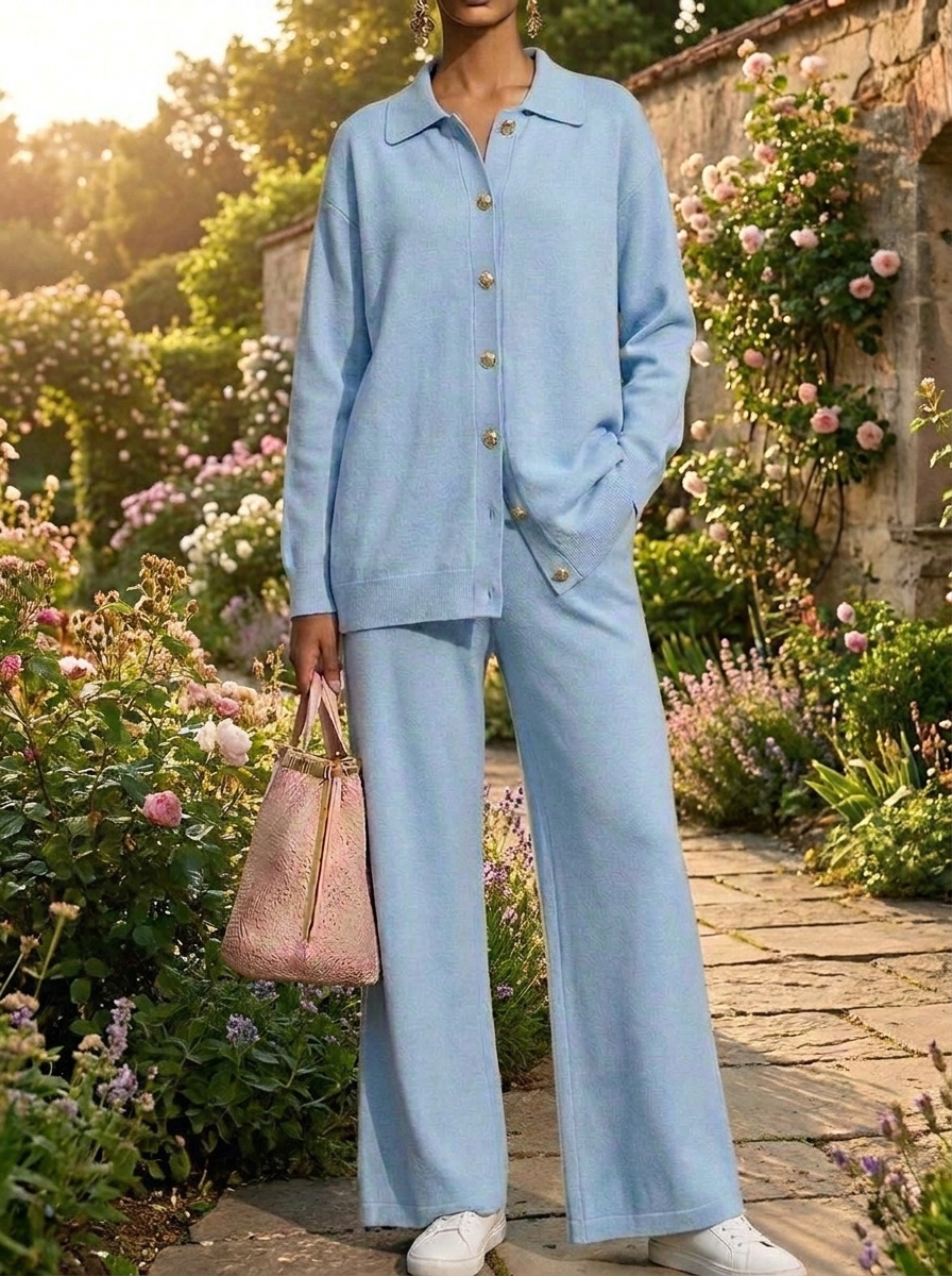 CLEARANCE SALE🔥 Women’s Casual Button Shirt and Wide-leg Pants Cotton Knit Set