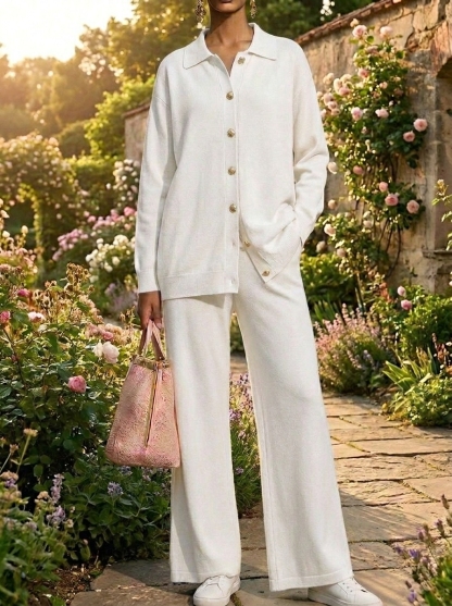CLEARANCE SALE🔥 Women’s Casual Button Shirt and Wide-leg Pants Cotton Knit Set