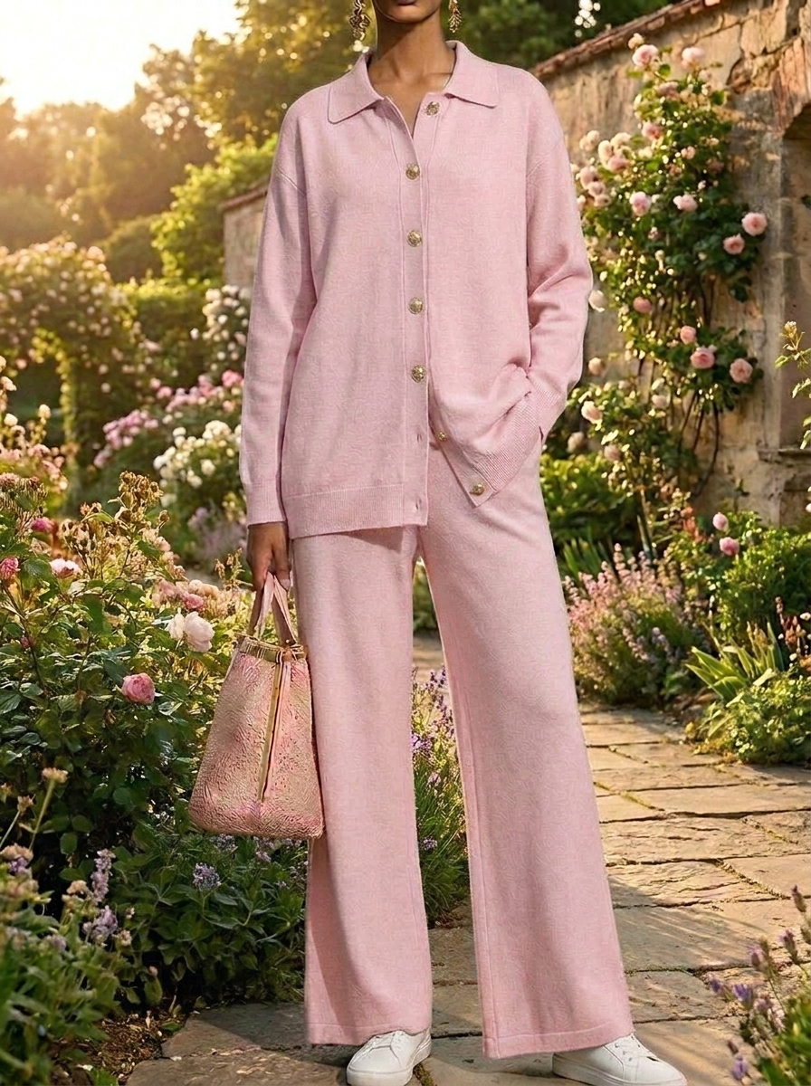 CLEARANCE SALE🔥 Women’s Casual Button Shirt and Wide-leg Pants Cotton Knit Set