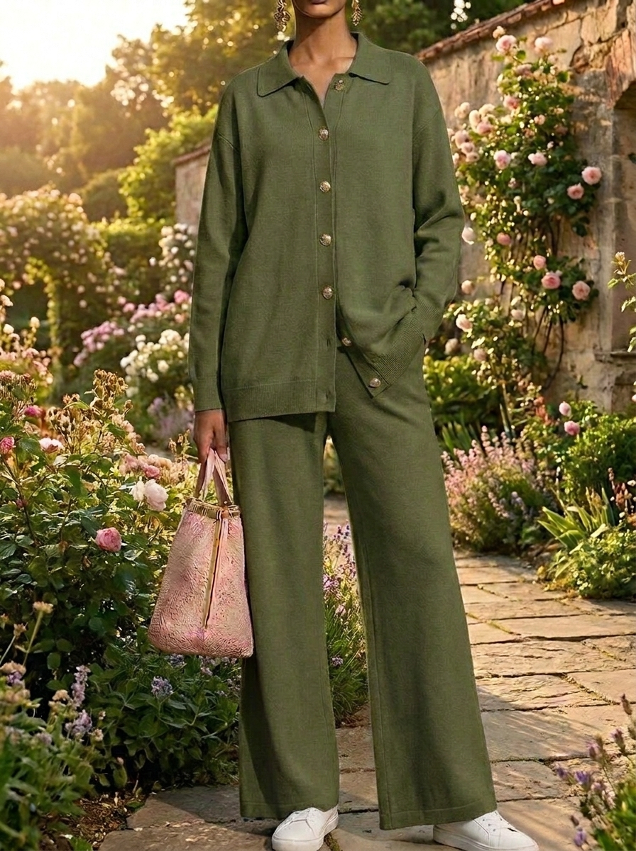 CLEARANCE SALE🔥 Women’s Casual Button Shirt and Wide-leg Pants Cotton Knit Set