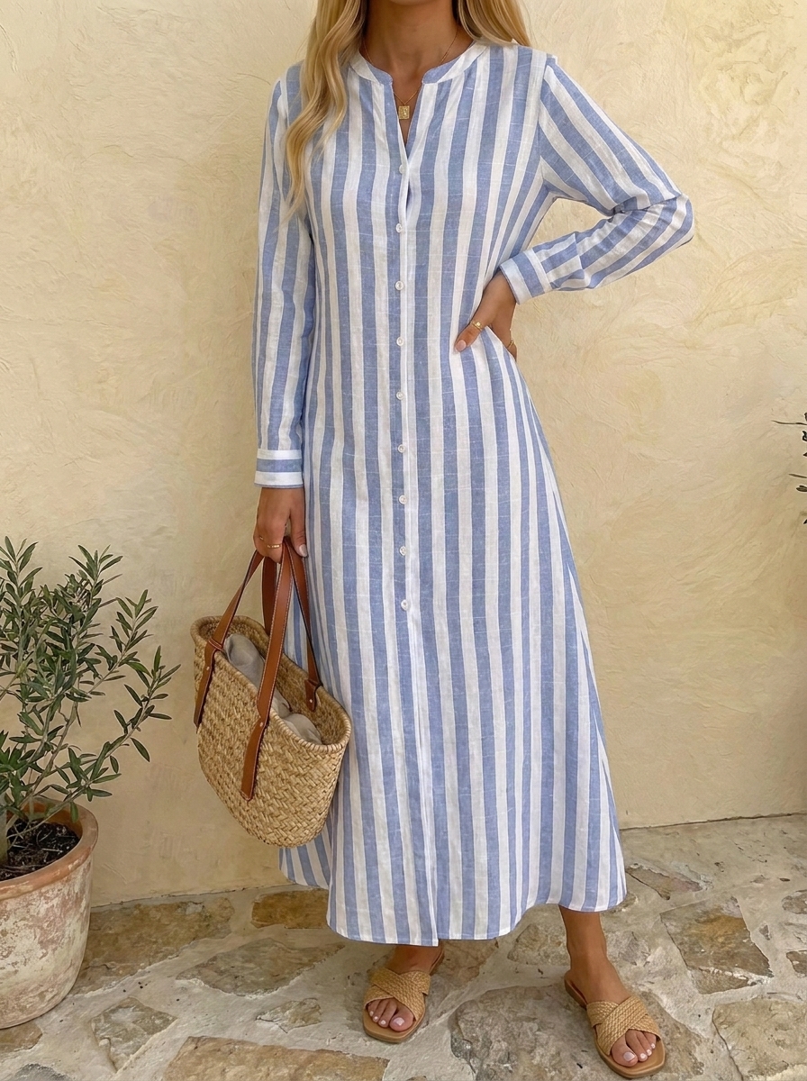 HOT SALE🔥 Women's Button Stripe Cotton Linen Long Dress