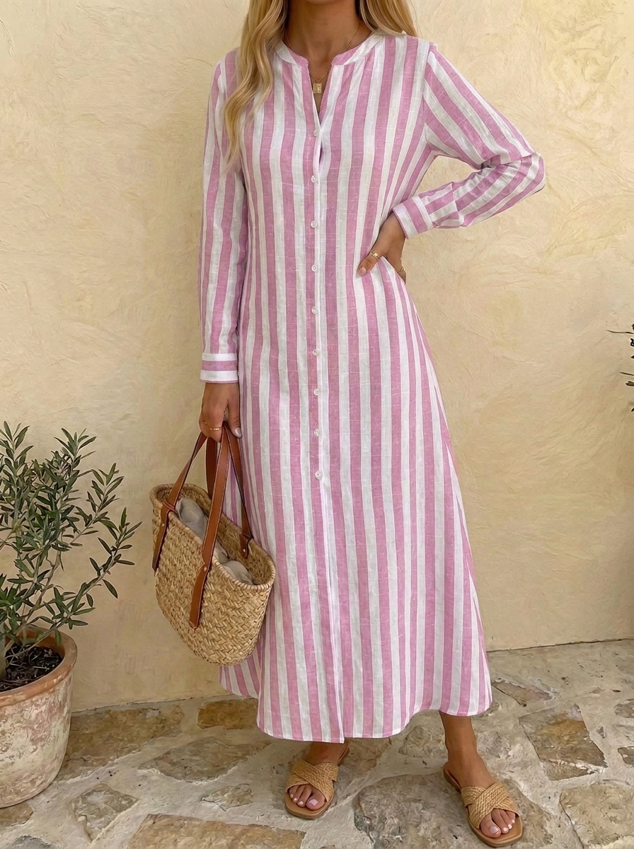HOT SALE🔥 Women's Button Stripe Cotton Linen Long Dress