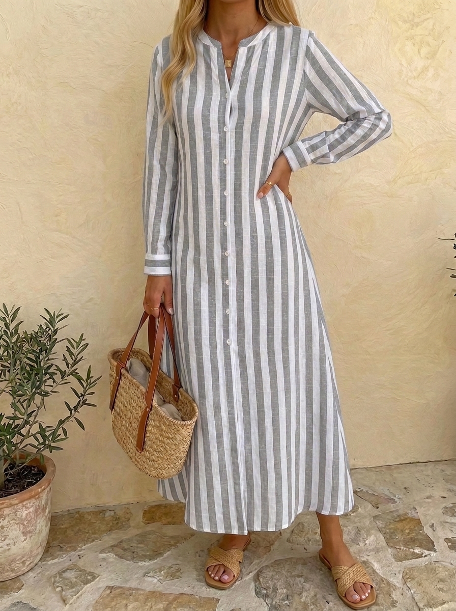HOT SALE🔥 Women's Button Stripe Cotton Linen Long Dress