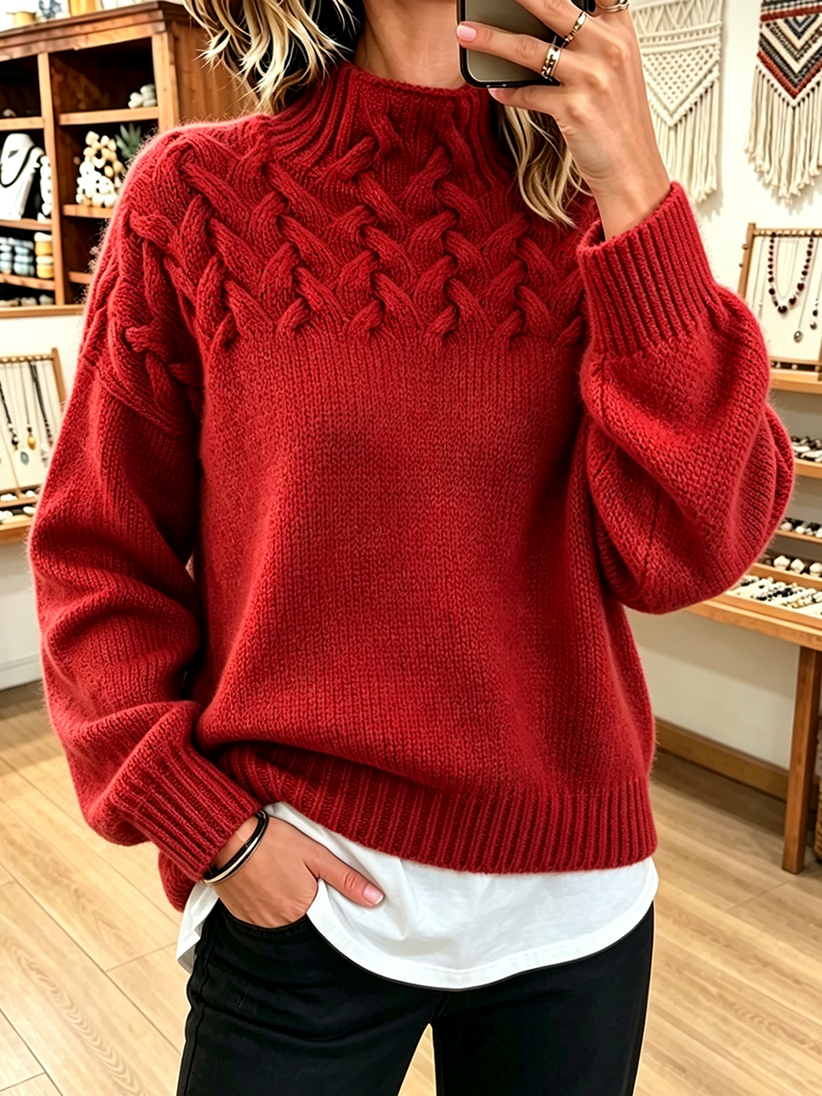 FALL SALE 💥 Chic Cozy Basketweave Cable-knit Mock Neck Cashmere Sweater