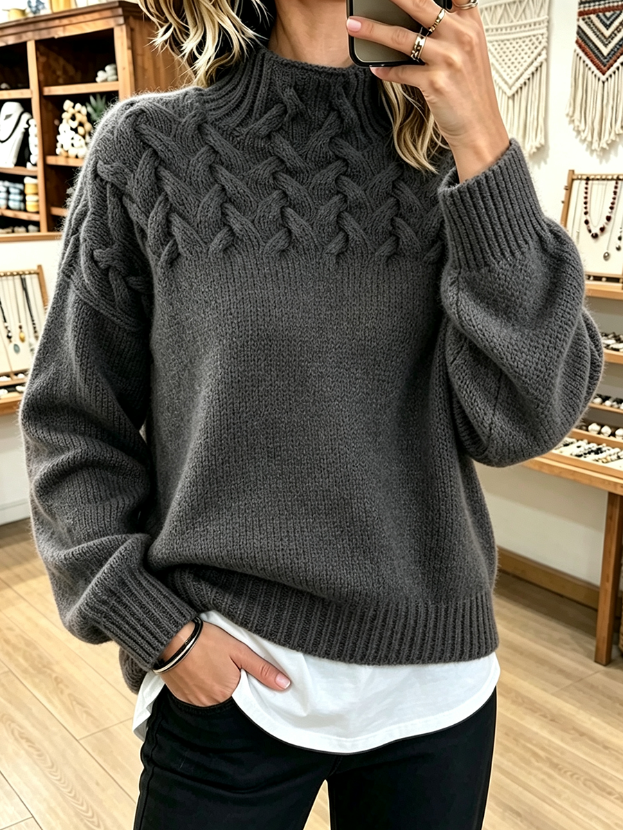 FALL SALE 💥 Chic Cozy Basketweave Cable-knit Mock Neck Cashmere Sweater