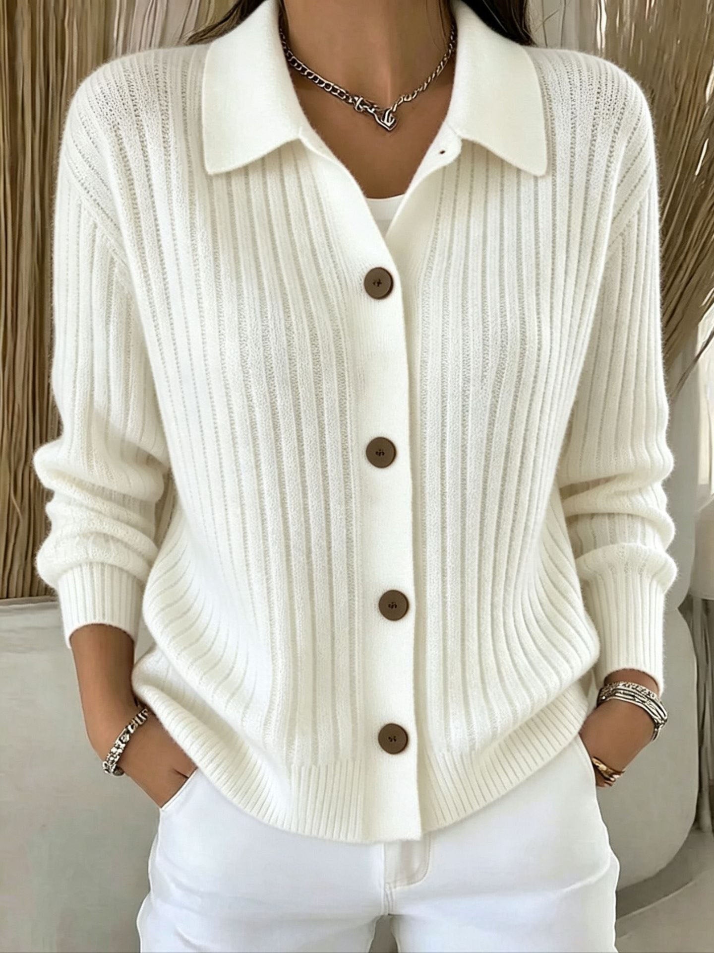 FALL SALE 💥 Women's Cozy Ribbed Collared Button-down Cardigan Cashmere Sweater
