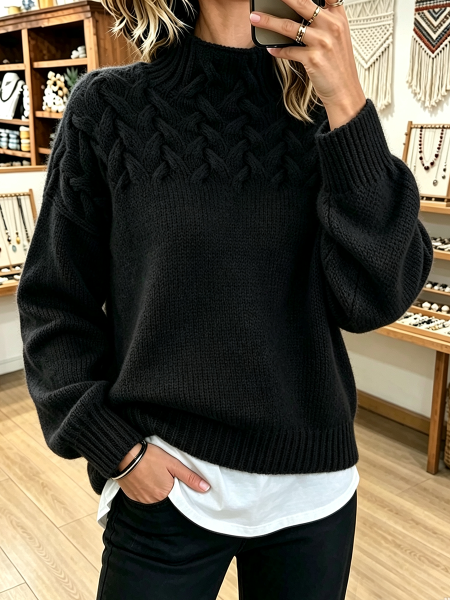 FALL SALE 💥 Chic Cozy Basketweave Cable-knit Mock Neck Cashmere Sweater