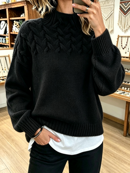 FALL SALE 💥 Chic Cozy Basketweave Cable-knit Mock Neck Cashmere Sweater
