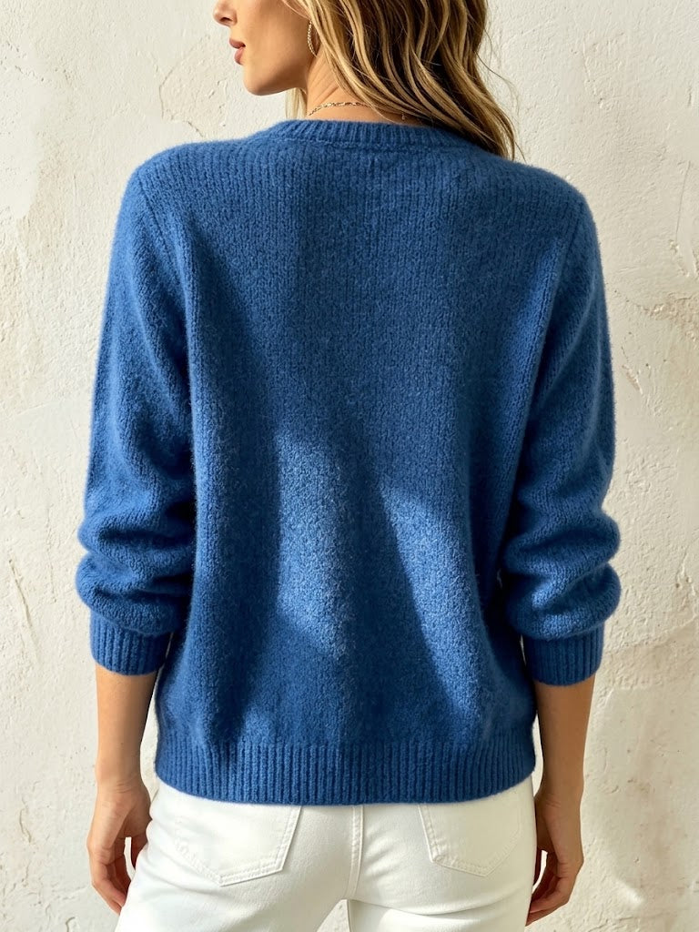 Women's Casual Loose Gold-button Cashmere Knit Cardigan with Crew Neck