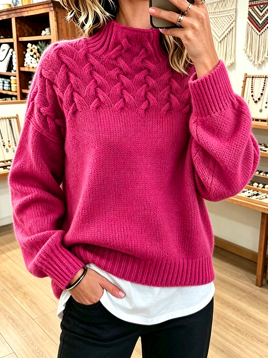 FALL SALE 💥 Chic Cozy Basketweave Cable-knit Mock Neck Cashmere Sweater