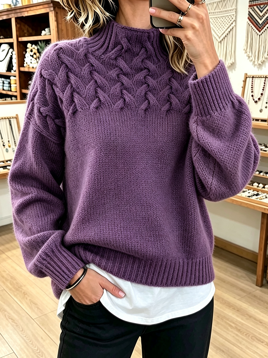 FALL SALE 💥 Chic Cozy Basketweave Cable-knit Mock Neck Cashmere Sweater