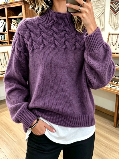 FALL SALE 💥 Chic Cozy Basketweave Cable-knit Mock Neck Cashmere Sweater