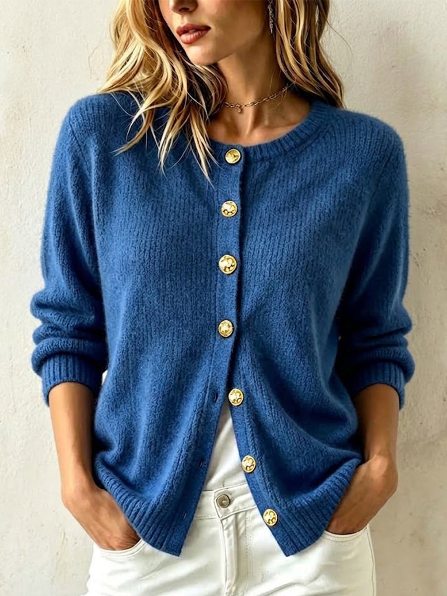 Women's Casual Loose Gold-button Cashmere Knit Cardigan with Crew Neck