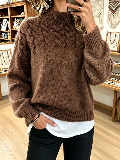 FALL SALE 💥 Chic Cozy Basketweave Cable-knit Mock Neck Cashmere Sweater