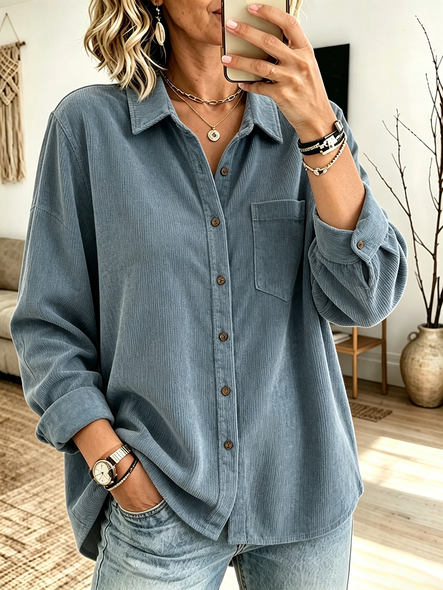 Women's Casual Loose Corduroy Button Down Shirt