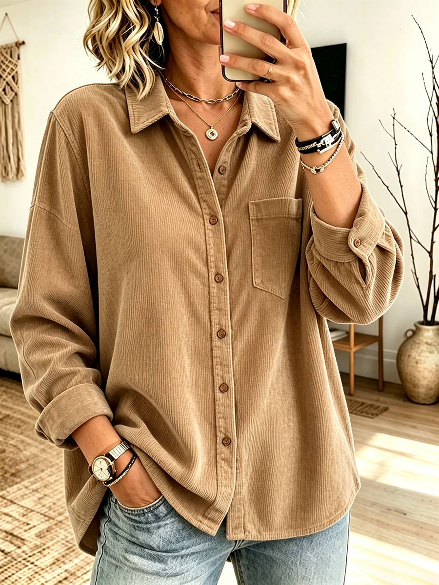 Women's Casual Loose Corduroy Button Down Shirt