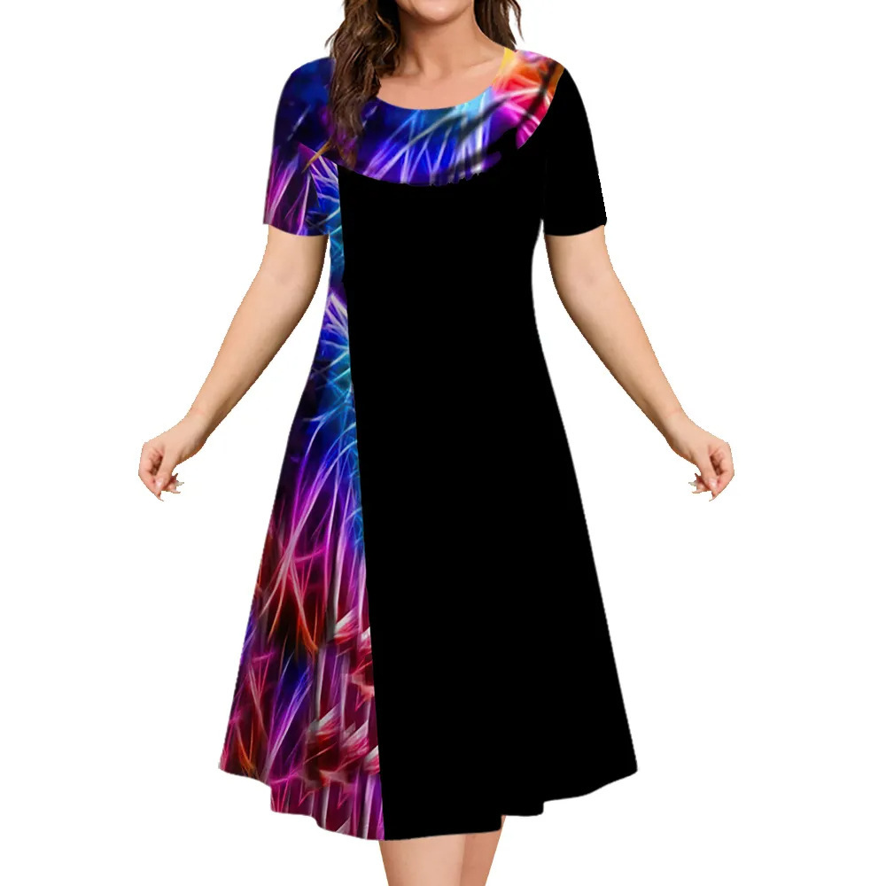 Robe mi-longue à manches courtes à bloc de couleurs géométrique pour femme