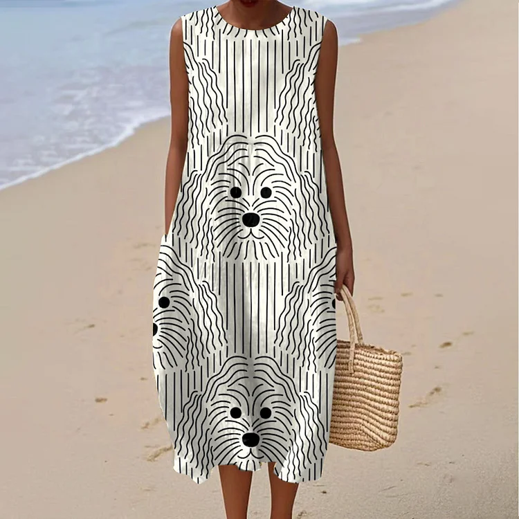 Damenkleid aus Baumwolle und Leinen mit abstraktem Print und Seitentaschen