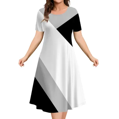 Robe mi-longue à manches courtes à bloc de couleurs géométrique pour femme