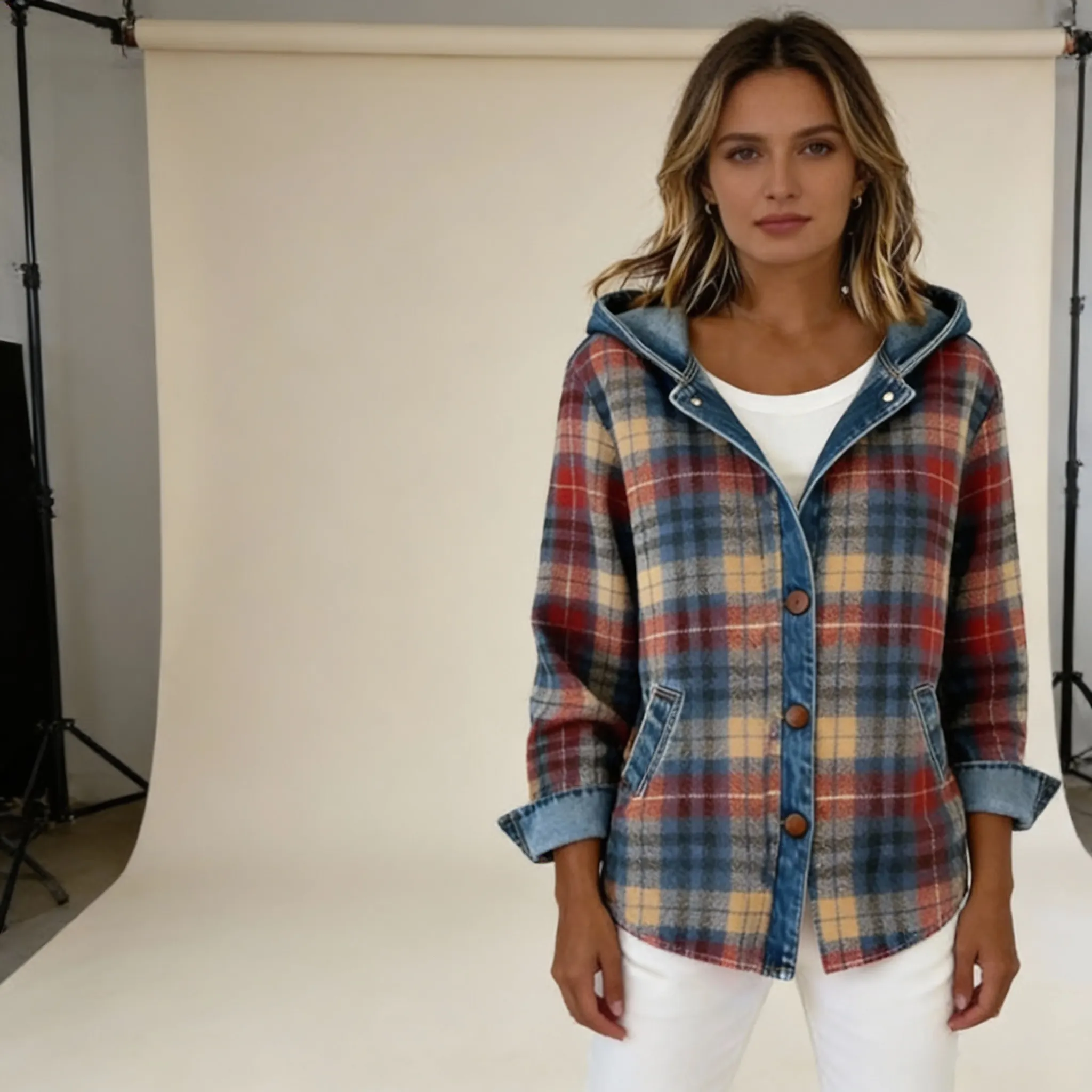 Model in de ruiten denim hoodie die het ontwerp toont
