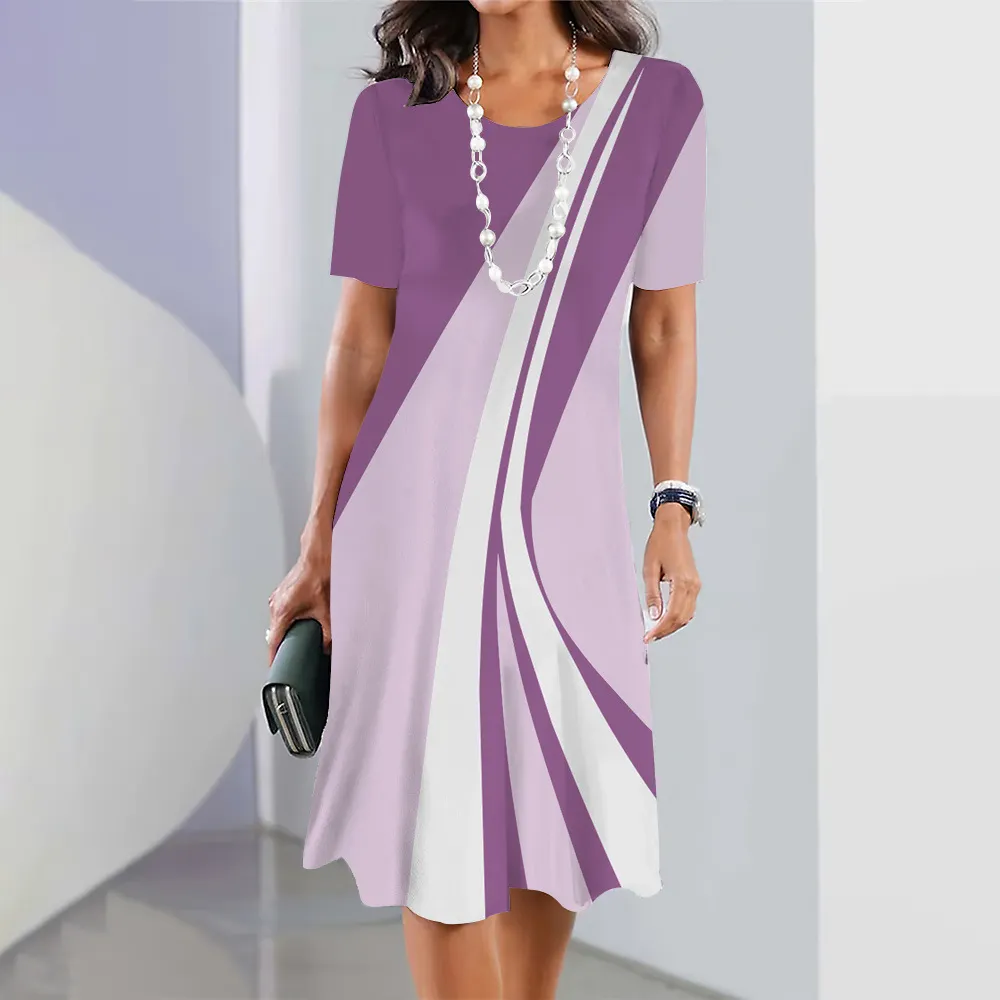 Robe mi-longue à manches courtes à bloc de couleurs géométrique pour femme