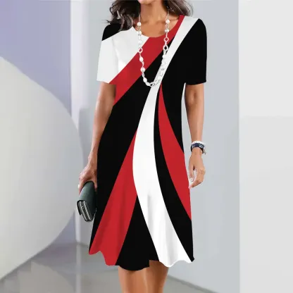 Robe mi-longue à manches courtes à bloc de couleurs géométrique pour femme