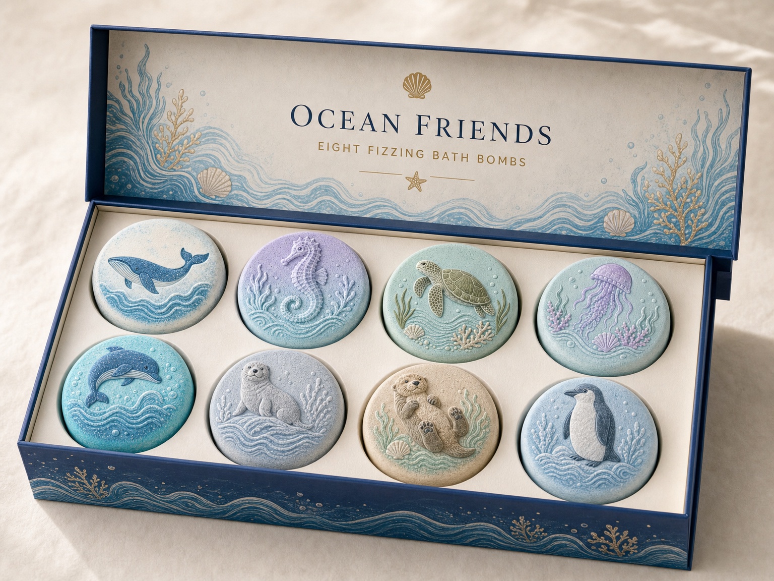 Opakowanie prezentowe Ocean Friends zawierające osiem okrągłych musujących kul do kąpieli z morskimi wzorami