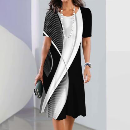 Robe mi-longue à manches courtes à bloc de couleurs géométrique pour femme