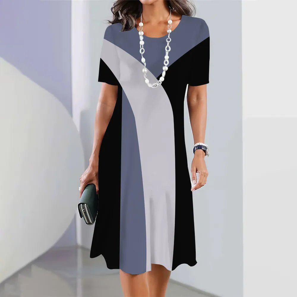 Robe mi-longue à manches courtes à bloc de couleurs géométrique pour femme