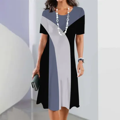 Robe mi-longue à manches courtes à bloc de couleurs géométrique pour femme