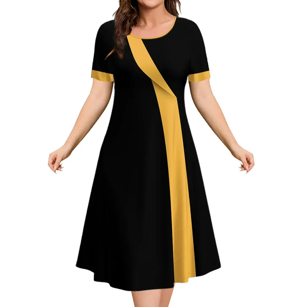 Robe mi-longue à manches courtes à bloc de couleurs géométrique pour femme